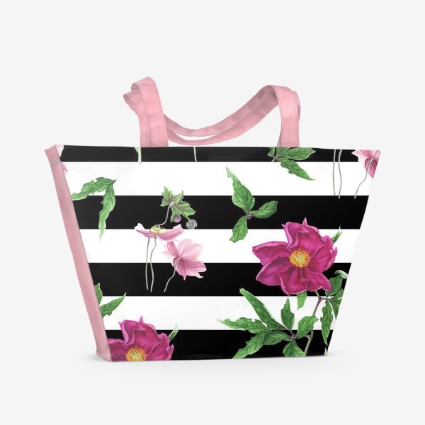 Пляжная сумка «Розовые пионы на черно-белом фоне»