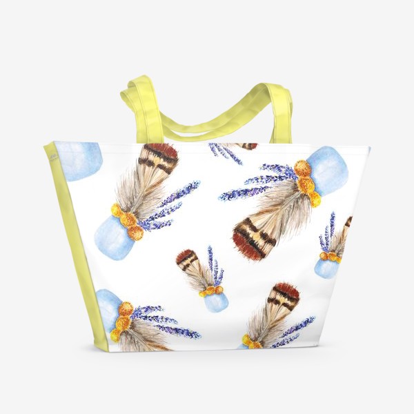 Пляжная сумка «Перышко, лаванда и хлопок  в голубой вазе  бесшовный паттерн акварель»