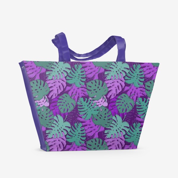 Пляжная сумка &laquo;Листья монстеры в фиолетовых и бирюзовых цветах&raquo;