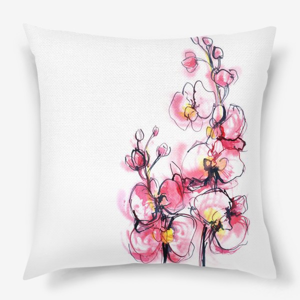 Подушка «розовые орхидеи на белом фоне, акварельная живопись»