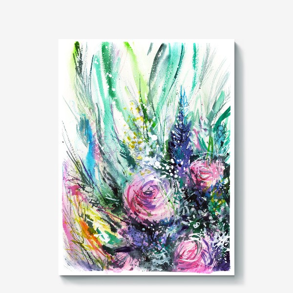 Холст «букет с розовыми розами и зелеными лентами, акварельная живопись»
