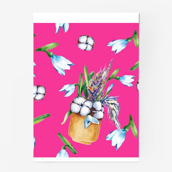 Постер «Подснежники, хлопок и перышки на розовом фоне паттерн»