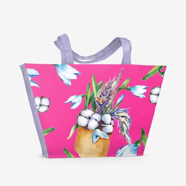 Пляжная сумка «Подснежники, хлопок и перышки на розовом фоне паттерн»