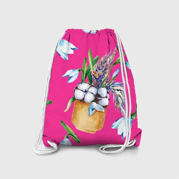 Рюкзак «Подснежники, хлопок и перышки на розовом фоне паттерн»