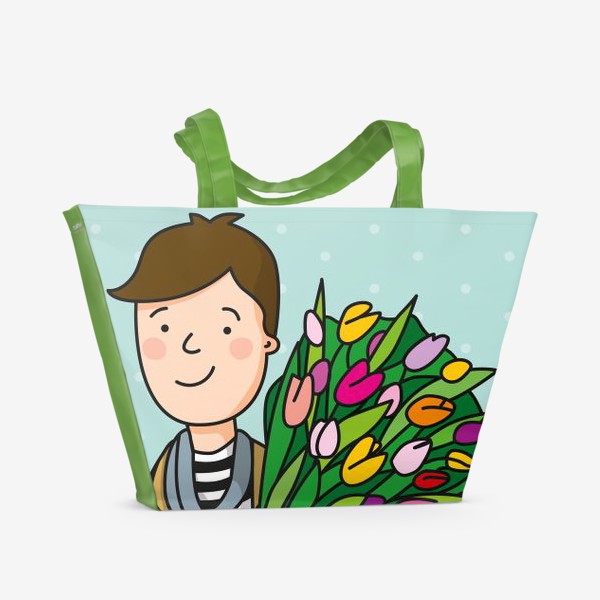 Пляжная сумка «Мальчик несет букет цветов из тюльпанов с собакой»