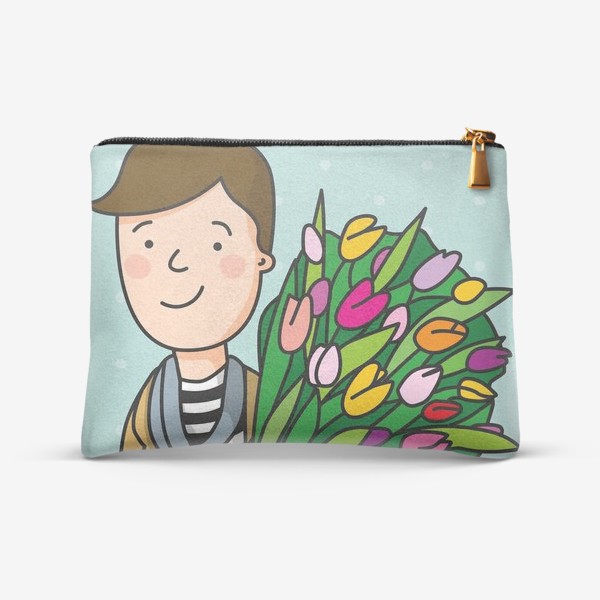 Косметичка «Мальчик несет букет цветов из тюльпанов с собакой»