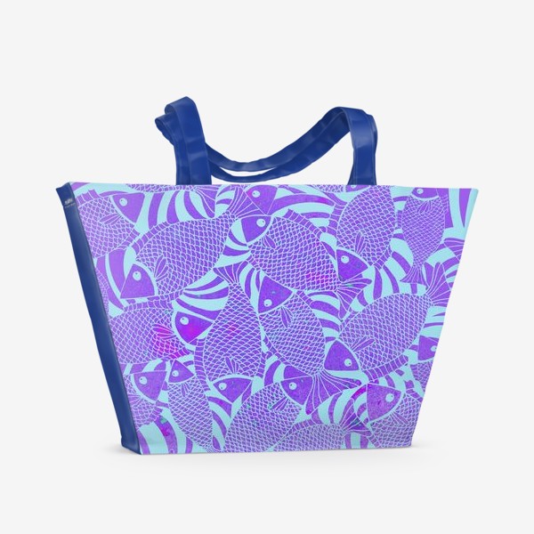 Пляжная сумка «Рыбы на акварельном фоне в бирюзовых и фиолетовых тонах»