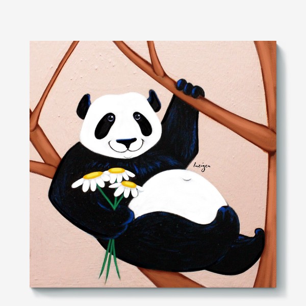 Холст «Панда с ромашками»