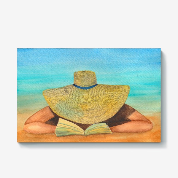 Холст «Девушка в шляпе на пляже с книгой»