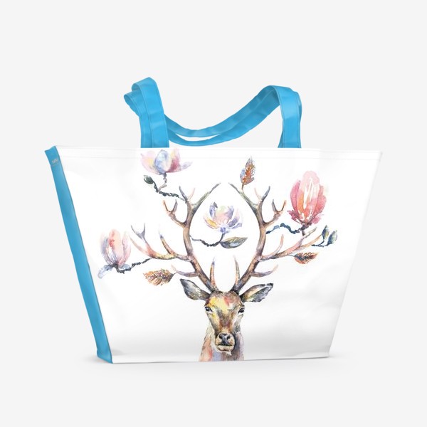 Пляжная сумка &laquo;Голова оленя с цветами в рогах. Акварель&raquo;