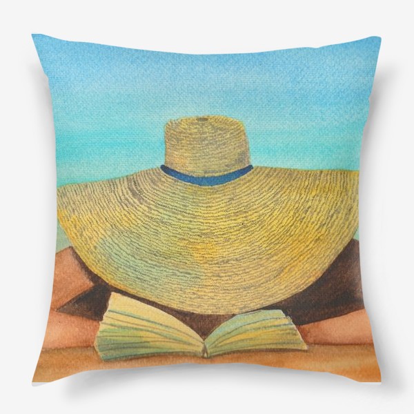 Подушка &laquo;Девушка в шляпе на пляже с книгой&raquo;