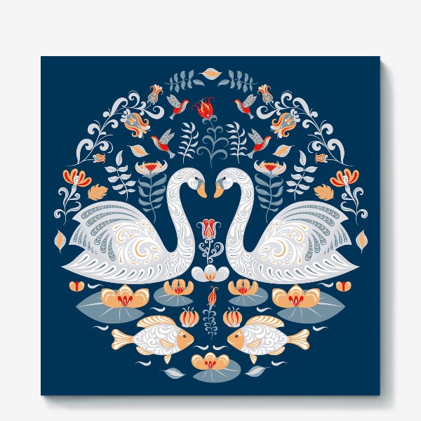 Холст «Круговой орнамент на синем фоне с лебедями, цветами, рыбками и птицами. Фольклорный стиль.»
