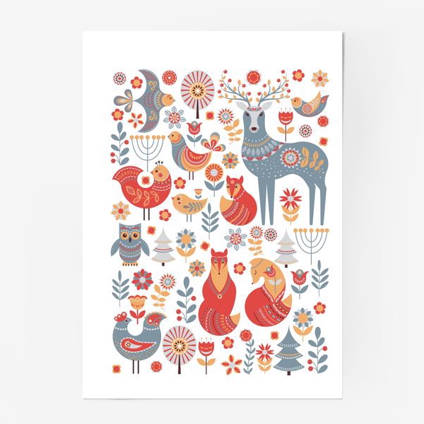 Постер «Животные, птицы, растения - декоративный орнамент в скандинавском стиле.»