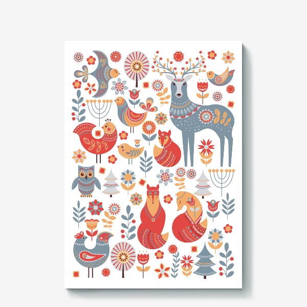 Холст &laquo;Животные, птицы, растения - декоративный орнамент в скандинавском стиле.&raquo;