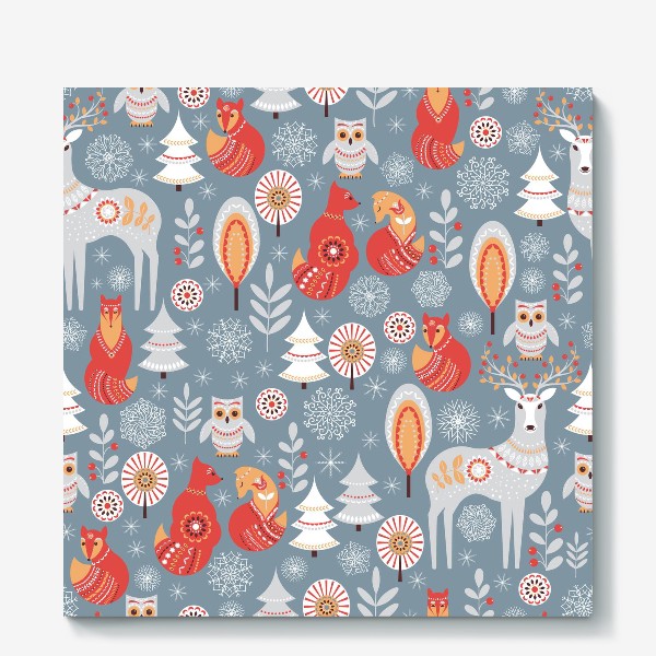 Холст &laquo;Животные и птицы зимой в лесу на сером фоне. Паттерн в скандинавском стиле.&raquo;