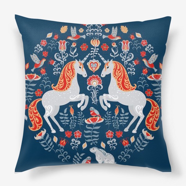 Подушка &laquo;Декоративный орнамент с единоргами, птицами, кроликом и цветами.&raquo;
