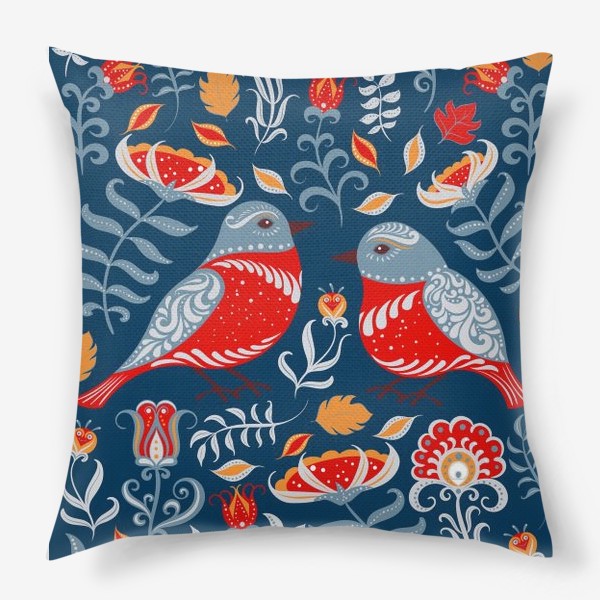 Подушка &laquo;Прямоугольный орнамент с птицами, цветами и веточками. Фольклорный стиль.&raquo;