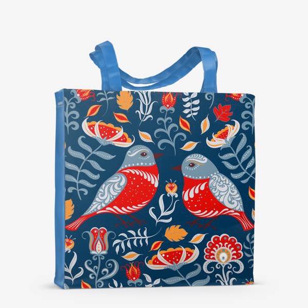Сумка-шоппер «Прямоугольный орнамент с птицами, цветами и веточками. Фольклорный стиль.»