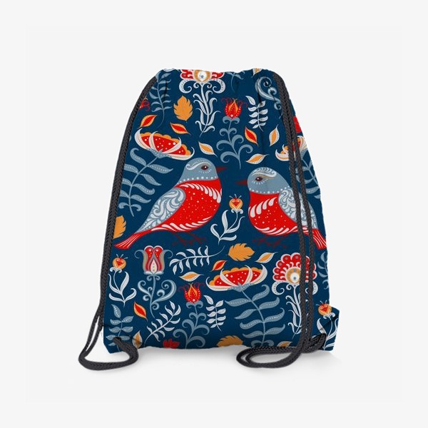 Рюкзак «Прямоугольный орнамент с птицами, цветами и веточками. Фольклорный стиль.»