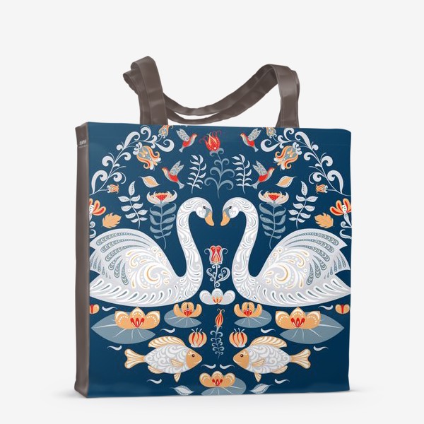 Сумка-шоппер «Круговой орнамент на синем фоне с лебедями, цветами, рыбками и птицами. Фольклорный стиль.»