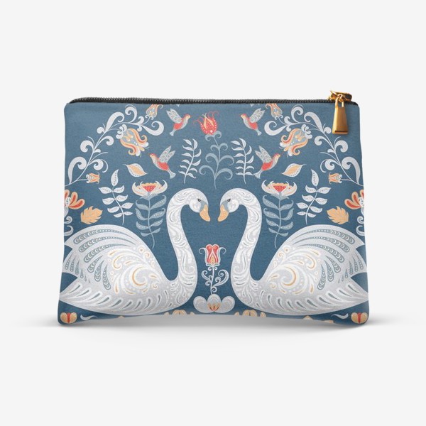 Косметичка «Круговой орнамент на синем фоне с лебедями, цветами, рыбками и птицами. Фольклорный стиль.»