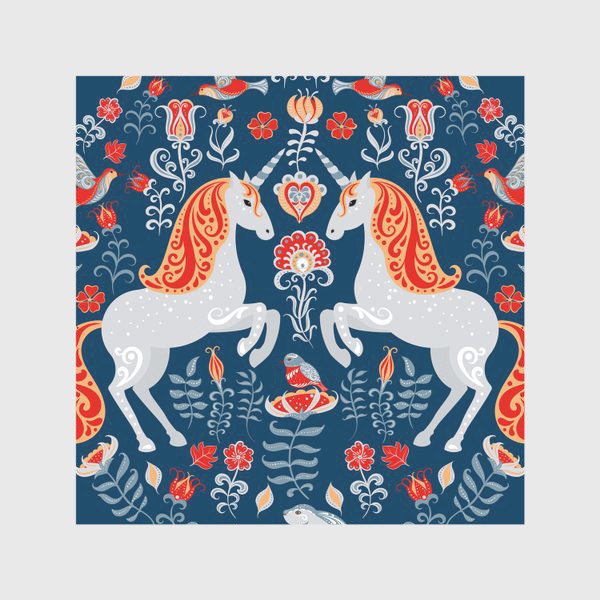 Скатерть «Декоративный орнамент с единоргами, птицами, кроликом и цветами.»