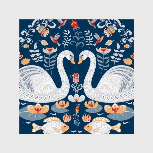 Шторы «Круговой орнамент на синем фоне с лебедями, цветами, рыбками и птицами. Фольклорный стиль.»