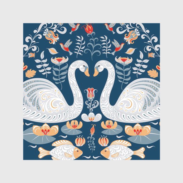 Скатерть «Круговой орнамент на синем фоне с лебедями, цветами, рыбками и птицами. Фольклорный стиль.»