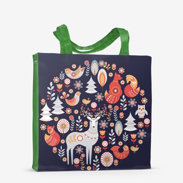 Сумка-шоппер «Орнамент с животными, птицами и растениями  в круге в скандинавском стиле на синем фоне. »