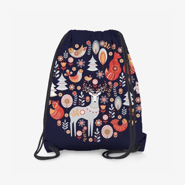 Рюкзак «Орнамент с животными, птицами и растениями  в круге в скандинавском стиле на синем фоне. »