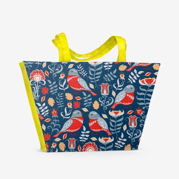 Пляжная сумка &laquo;Паттерн с птицами и цветами на синем фоне. Фольклорный стиль.&raquo;