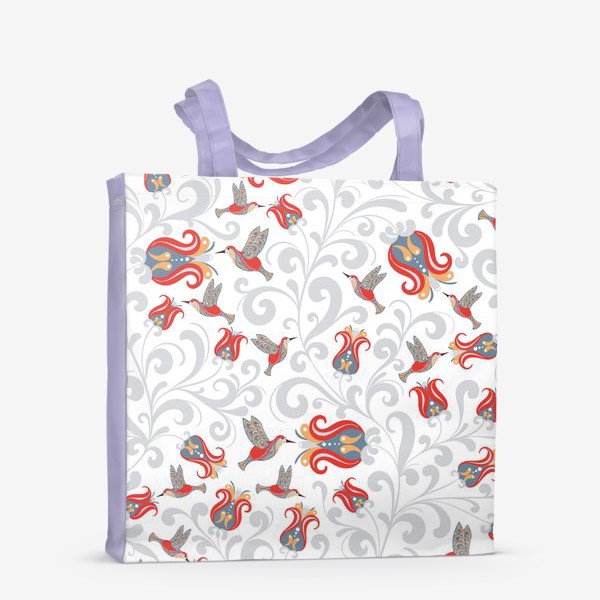 Сумка-шоппер «Паттерн с колибри и цветами на белом фоне. »
