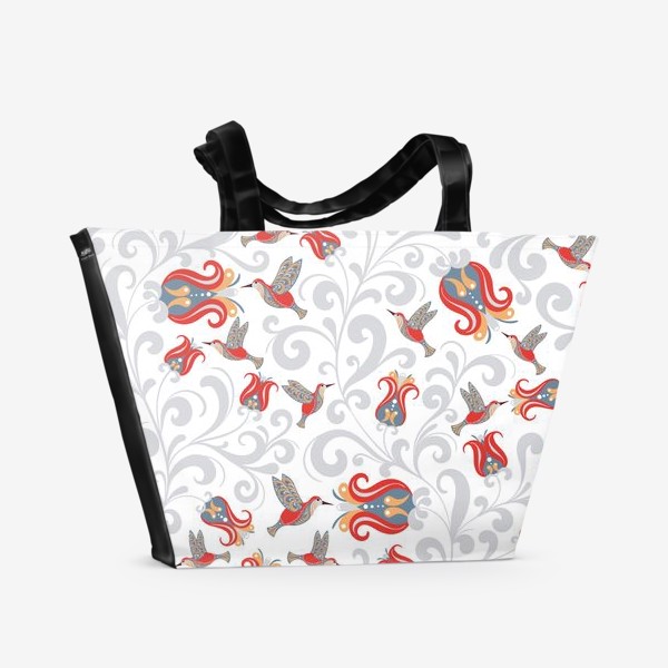 Пляжная сумка &laquo;Паттерн с колибри и цветами на белом фоне. &raquo;
