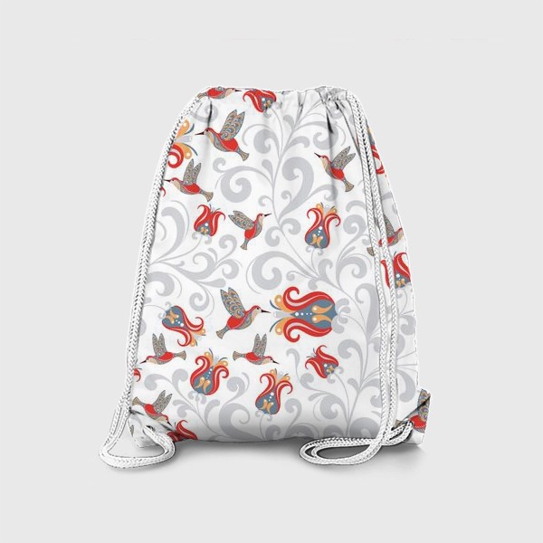 Рюкзак «Паттерн с колибри и цветами на белом фоне. »