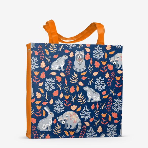 Сумка-шоппер &laquo;Паттерн с зайцами, енотами, растениями и деревьями в фольклорном стиле на синем фоне.&raquo;