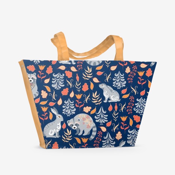 Пляжная сумка &laquo;Паттерн с зайцами, енотами, растениями и деревьями в фольклорном стиле на синем фоне.&raquo;