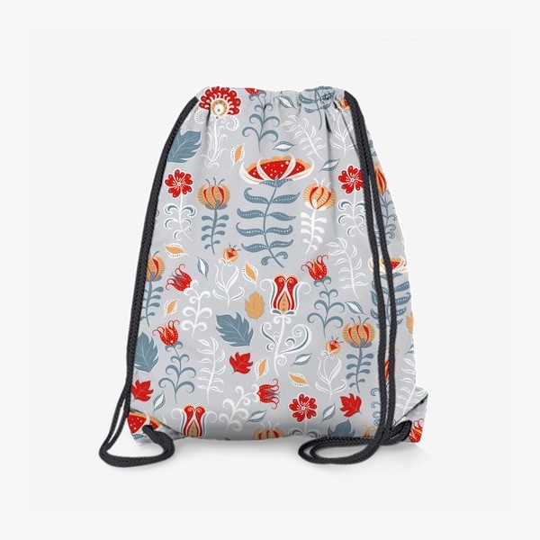 Рюкзак «Паттерн с цветами и веточками на сером фоне в фольклорном стиле»