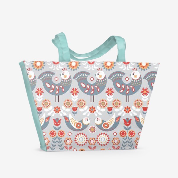 Пляжная сумка &laquo;Паттерн в скандинавском стиле с птицами и цветами.&raquo;