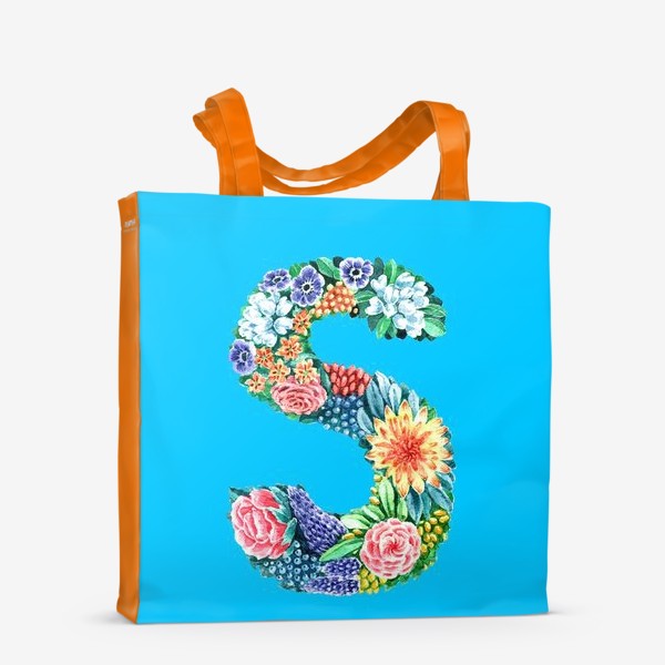 Сумка-шоппер «Цветочный алфавит. Буква S на голубом фоне»