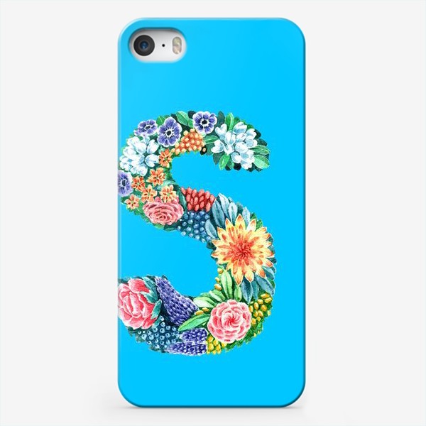 Чехол iPhone «Цветочный алфавит. Буква S на голубом фоне»