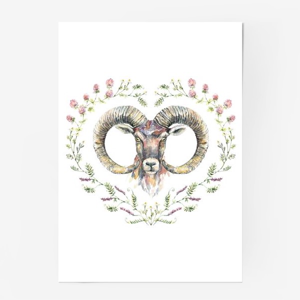 Постер «Акварельный портрет барана с орнаментом из полевых цветов»