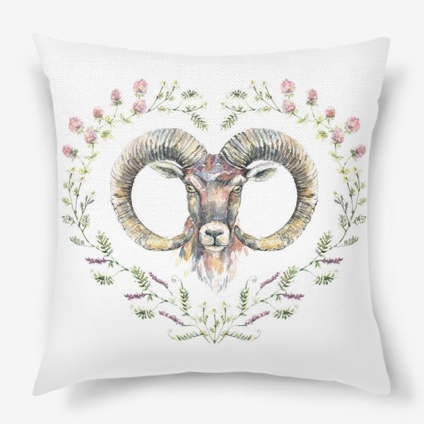 Подушка «Акварельный портрет барана с орнаментом из полевых цветов»