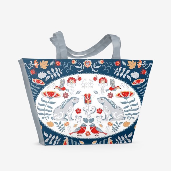 Пляжная сумка «Орнамент с зайчиками, колибри, цветами в декоративной рамке.»