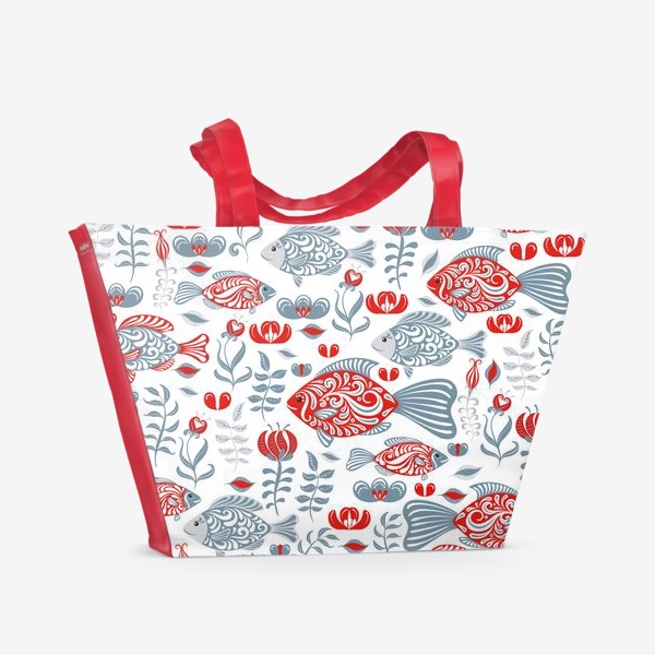 Пляжная сумка &laquo;Декоративный паттерн: рыбки с орнаментом, цветы  и ветки на белом фоне. &raquo;