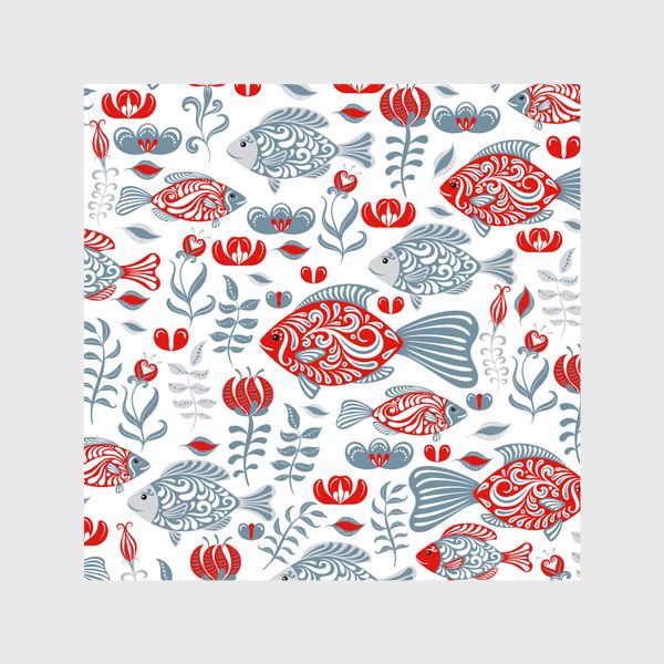 Шторы «Декоративный паттерн: рыбки с орнаментом, цветы  и ветки на белом фоне. »