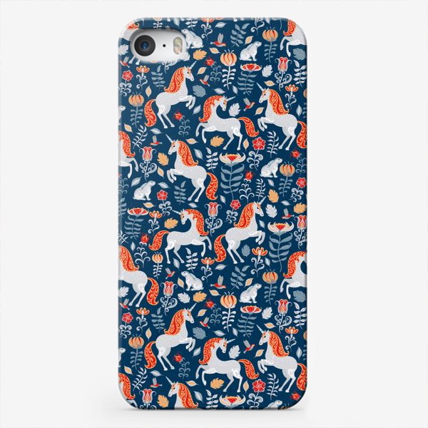Чехол iPhone «Единороги, зайчики, птицы, птицы. Декоративный паттерн на синем фоне. »