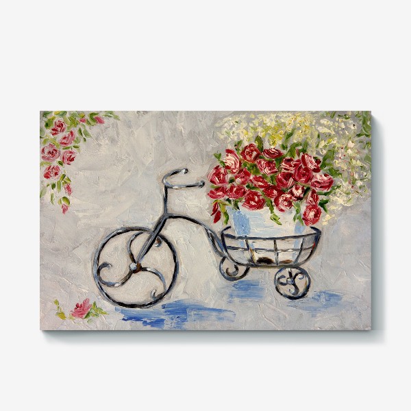Холст «Велосипед с корзиной цветов живопись маслом»