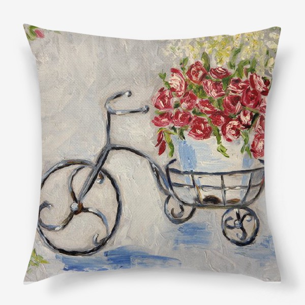 Подушка «Велосипед с корзиной цветов живопись маслом»