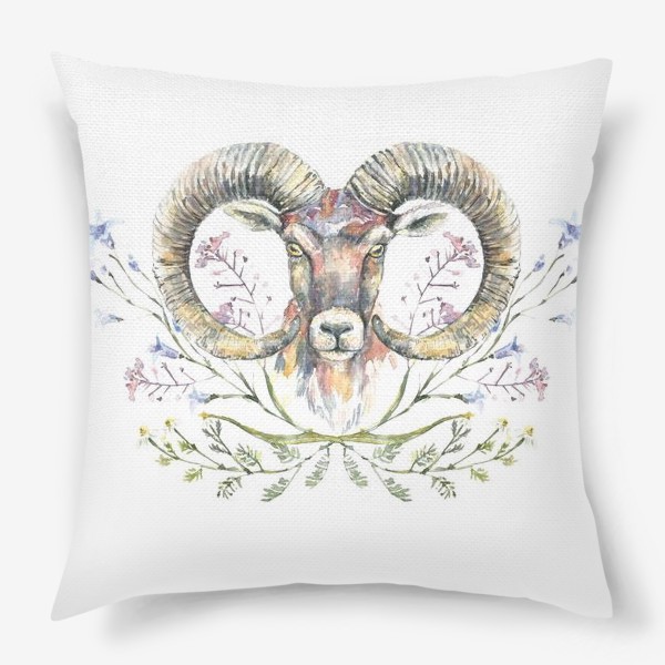 Подушка «Акварельный портрет барана с букетом из полевых цветов»