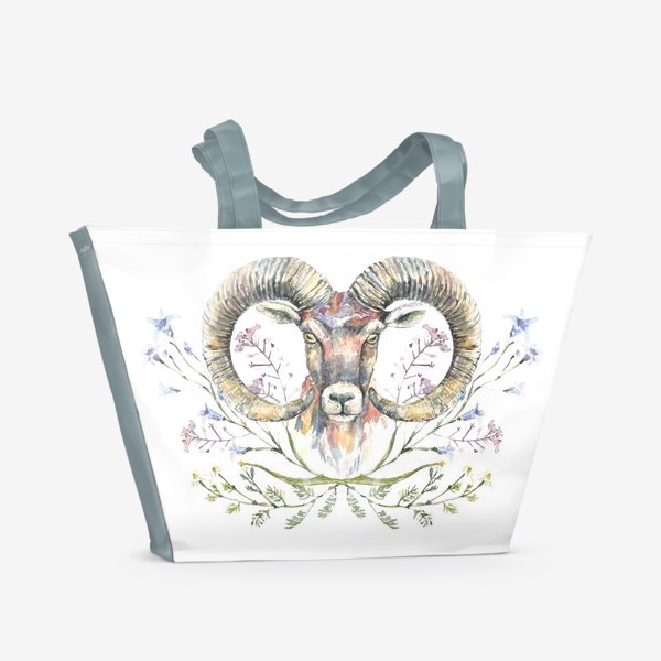 Пляжная сумка «Акварельный портрет барана с букетом из полевых цветов»